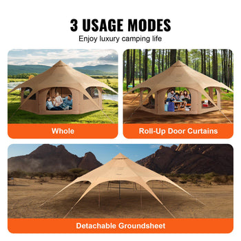 Beige waterproof tent with roll-up door curtains, detachable groundsheet, ideal for luxury camping, versatile 3 usage modes.