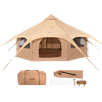 Tan VEVOR canvas tent with large windows, spacious interior, and included camping accessories for outdoor adventures.