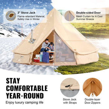 Luxury tan canvas tent with double-sided door, mesh curtain, and stove jack. Ideal for year-round camping.