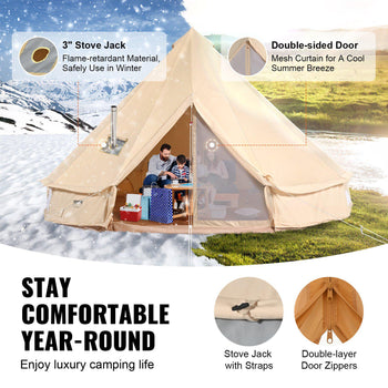 Spacious beige canvas tent with double-sided doors, stove jack, and mesh curtain for year-round luxury camping.