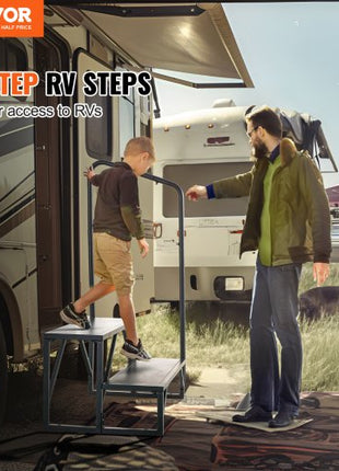 RV Steps, 2-Step RV Stairs, 440 LBS Load Capacity, Thickened Carbon Steel, With Handrail, Non-Slip Steps for Safe Entry and Exit, Suit for RV, Trailer, Camper Steps
