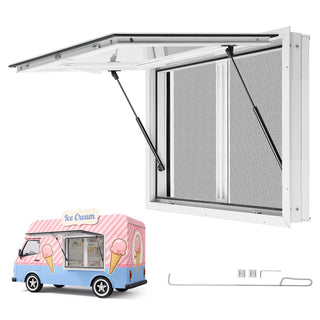 Concession Window 36x24 in Aluminum Alloy & Acrylic Service Window, for Food Truck, Up to 85 Degrees Stand Serving with 2 Sliding Screen Windows, Awning Door and Drag Hook, Rainwater Resistant