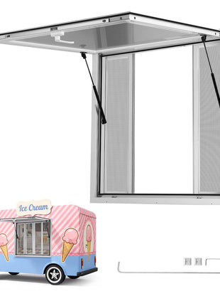 Concession Window 36x36 in Aluminum Alloy Frame Service Window, for Food Truck, Up to 85 Degrees Stand Serving with 4 Sliding Screen Windows, Awning Door and Drag Hook, Rainwater Resistant