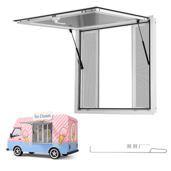 Concession Window 36x36 in Aluminum Alloy Frame Service Window, for Food Truck, Up to 85 Degrees Stand Serving with 4 Sliding Screen Windows, Awning Door and Drag Hook, Rainwater Resistant