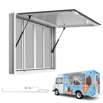 Concession Window 45x30 in Aluminum Alloy Service Window, for Food Truck, Up to 85 Degrees Stand Serving with 4 Sliding Screen Windows, Awning Door and Drag Hook, Rainwater Resistant