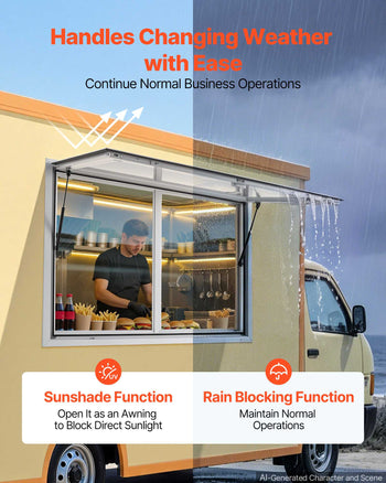 Concession Window 48x36 in Aluminum Alloy Service Window, for Food Truck, Up to 85 Degrees Stand Serving with 2 Sliding Acrylic Windows, Awning Door and Drag Hook, Rainwater Resistant