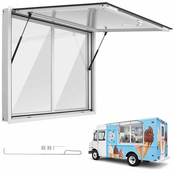 Concession Window 48x36 in Aluminum Alloy Service Window, for Food Truck, Up to 85 Degrees Stand Serving with 2 Sliding Acrylic Windows, Awning Door and Drag Hook, Rainwater Resistant