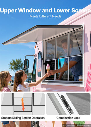 Concession Window 60x36 in Aluminum Alloy Service Window, for Food Truck, Up to 85 Degrees Stand Serving with 3 Fixed & 3 Sliding Windows, Awning Door and Drag Hook, Rainwater Resistant