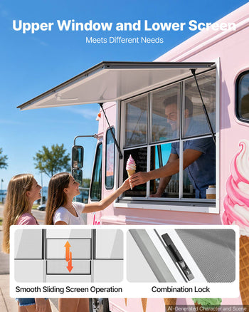 Concession Window 60x36 in Aluminum Alloy Service Window, for Food Truck, Up to 85 Degrees Stand Serving with 3 Fixed & 3 Sliding Windows, Awning Door and Drag Hook, Rainwater Resistant