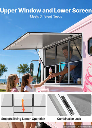 Concession Window 64x40 in Aluminum Alloy Service Window, for Food Truck, Up to 85 Degrees Stand Serving with 3 Fixed & 3 Sliding Windows, Awning Door and Drag Hook, Rainwater Resistant