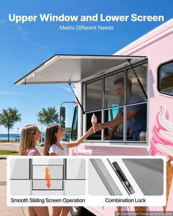 Concession Window 64x40 in Aluminum Alloy Service Window, for Food Truck, Up to 85 Degrees Stand Serving with 3 Fixed & 3 Sliding Windows, Awning Door and Drag Hook, Rainwater Resistant