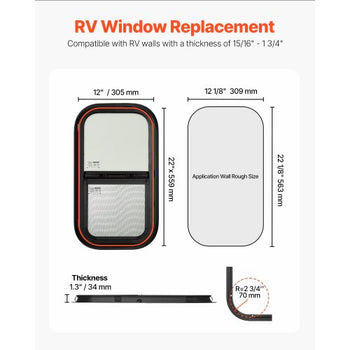 Vertical RV Window, 12" W x 22" H Tinted Sliding RV Window with Net Screen & Trim Ring, Fit 15/16" - 1 3/4" Thickness Wall, RV Window Replacement for Teardrop Cargo Trailer Camper, DOT Approved