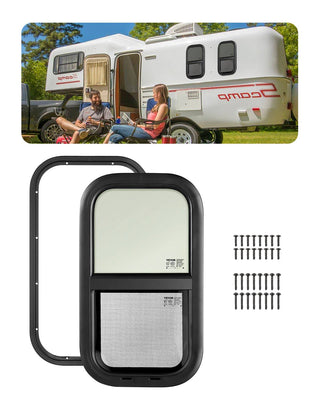 Vertical RV Window, 12" W x 22" H Tinted Sliding RV Window with Net Screen & Trim Ring, Fit 15/16" - 1 3/4" Thickness Wall, RV Window Replacement for Teardrop Cargo Trailer Camper, DOT Approved