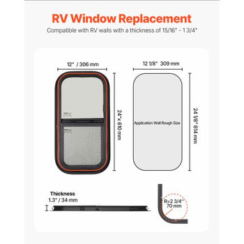 Vertical RV Window, 12" W x 24" H Tinted Sliding RV Window with Net Screen & Trim Ring, Fit 15/16" - 1 3/4" Thickness Wall, RV Window Replacement for Teardrop Cargo Trailer Camper, DOT Approved