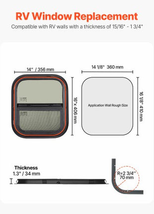 Vertical RV Window, 14" W x 16" H Tinted Sliding RV Window with Net Screen & Trim Ring, Fit 15/16" - 1 3/4" Thickness Wall, RV Window Replacement for Teardrop Cargo Trailer Camper, DOT Approved