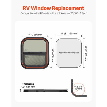 Vertical RV Window, 14" W x 16" H Tinted Sliding RV Window with Net Screen & Trim Ring, Fit 15/16" - 1 3/4" Thickness Wall, RV Window Replacement for Teardrop Cargo Trailer Camper, DOT Approved