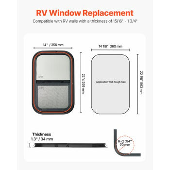 Vertical RV Window, 14" W x 22" H Tinted Sliding RV Window with Net Screen & Trim Ring, Fit 15/16" - 1 3/4" Thickness Wall, RV Window Replacement for Teardrop Cargo Trailer Camper, DOT Approved