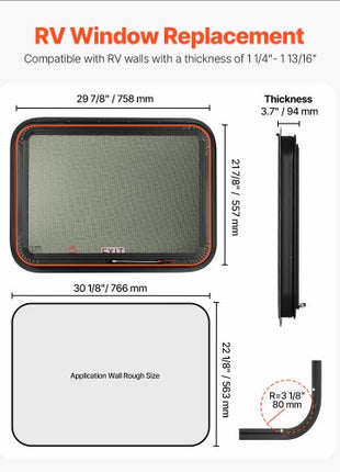 RV Exit Window, 30" W x 22" H Tinted RV Window with Net Screen and Trim Ring, Fit for 1 1/4" - 1 13/16" Thickness Wall, RV Window Replacement for Teardrop Cargo Trailer Camper, DOT Approved