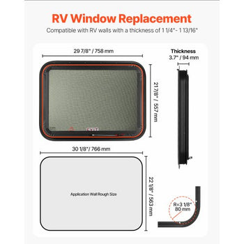 RV Exit Window, 30" W x 22" H Tinted RV Window with Net Screen and Trim Ring, Fit for 1 1/4" - 1 13/16" Thickness Wall, RV Window Replacement for Teardrop Cargo Trailer Camper, DOT Approved