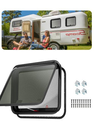 RV Exit Window, 30" W x 22" H Tinted RV Window with Net Screen and Trim Ring, Fit for 1 1/4" - 1 13/16" Thickness Wall, RV Window Replacement for Teardrop Cargo Trailer Camper, DOT Approved