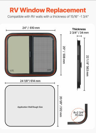 Horizontal RV Window, 24" W x 20" H Tinted Sliding RV Window with Net Screen & Trim Ring, Fit 15/16"-1 3/4" Thickness Wall, RV Window Replacement for Teardrop Cargo Trailer Camper, DOT Approved