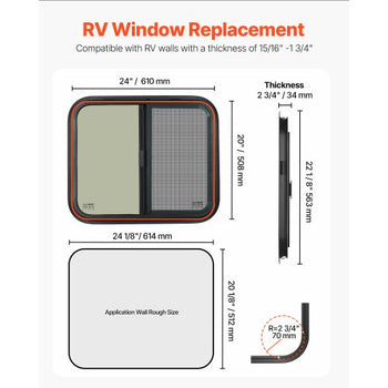 Horizontal RV Window, 24" W x 20" H Tinted Sliding RV Window with Net Screen & Trim Ring, Fit 15/16"-1 3/4" Thickness Wall, RV Window Replacement for Teardrop Cargo Trailer Camper, DOT Approved