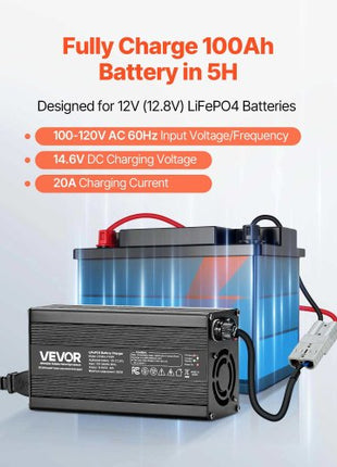 12V 20A Lithium Battery Charger, 14.6V, AC-DC LiFePO4 Smart Charger, with Anderson Connector, LED Indicator, 0V Activation, for Lithium LiFePO4 Deep Cycle Rechargeable Batteries of Boat, RV