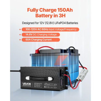 12V 60A Lithium Battery Charger, 14.6V, AC-DC LiFePO4 Smart Charger, with Anderson Connector, LED Indicator, 0V Activation, for Lithium LiFePO4 Deep Cycle Rechargeable Batteries of Boat, RV