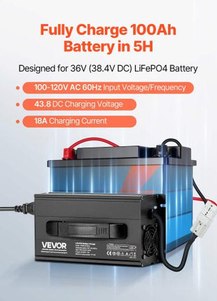 36V 18A Lithium Battery Charger, 43.8V, AC-DC LiFePO4 Smart Charger, with Anderson Connector, LED Indicator, 0V Activation, for Lithium LiFePO4 Deep Cycle Rechargeable Batteries of Boat, RV