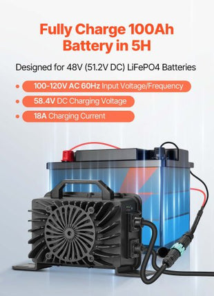 48V 18A Lithium Battery Charger, 58.4V, AC-DC LiFePO4 Smart Charger, with Waterproof Connector, LED Indicator, 0V Activation, for LiFePO4 Deep Cycle Rechargeable Batteries of Boat, RV, IP68