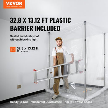 Dust Barrier Poles, Carry Bag, 10 Ft Poles with 4 Telescoping Poles, and 32.8x13.12 Ft Plastic Film, for Interior Decoration and Painting Projects