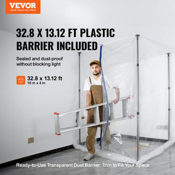 Dust Barrier Poles, 10 Ft Barrier Poles, Dust Barrier System with 4 Telescoping Poles, Carry Bag and 32.8x13.12 Ft Plastic Film, for Interior Decoration, Painting