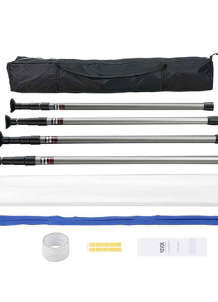 Gray aluminum adjustable tent poles set with black carrying bag, white tarp, blue rope, tape, and assembly instructions.