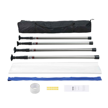 Gray aluminum adjustable tent poles set with black carrying bag, white tarp, blue rope, tape, and assembly instructions.
