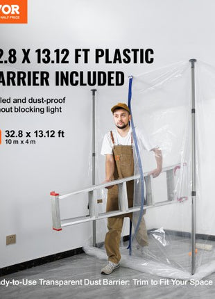 Dust Barrier Poles, 12 Ft Barrier Poles, Dust Barrier System with 4 Telescoping Poles, Carry Bag and 32.8x13.12 Ft Plastic Film, for Interior Decoration, Painting