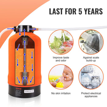 VEVOR orange water filter system with clear reservoir, durable materials, and innovative design for improved taste and odor.