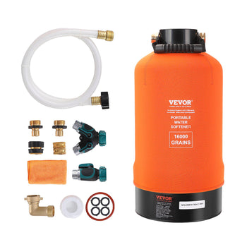 Portable water softener, 16000 grains, orange tank, includes hoses and connectors for easy setup and use.