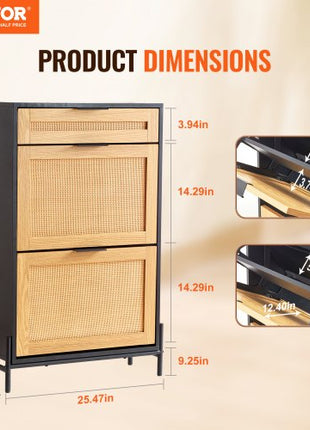 Rattan Shoe Cabinet, Narrow Shoe Storage Organizer with 2 Flip Rattan Drawers & 1 Slide Drawer, Metal Legs, Slim Shoe Entryway Cabinet Ideal for Entryway, Closet, Hallway, Black