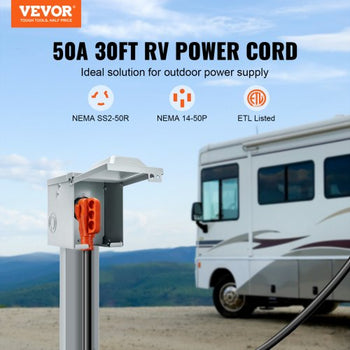 30 Feet RV Power Cord, 50 Amp, Heavy Duty STW 6/3 + 8/1 Generator Cord, NEMA 14-50P Male NEMA SS2-50R Female Plug, with LED Indicator Handle 15A Adapter, for RVs, generators, campers, ETL Listed