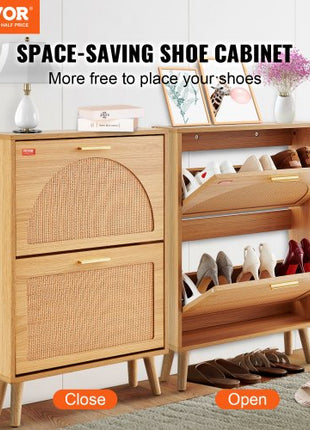 Shoe Cabinet with 2 Flip Drawers, Shoe Storage Cabinet for Entryway, Free Standing Shoe Storage Organizer with Rattan Doors for Heels, Boots, Slippers in Hallway, Living Room