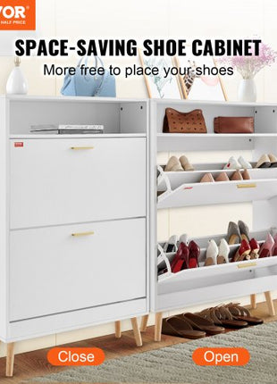 Shoe Cabinet with 2 Flip Drawers, Shoe Storage Cabinet for Entryway, Free Standing Shoe Storage Organizer with Top Storage Cubby for Heels, Boots, Slippers in Hallway, Living Room