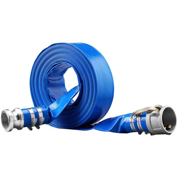 Blue heavy-duty fire hose with aluminum couplings, designed for reliable performance in emergency situations.