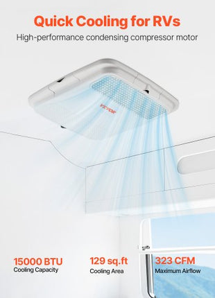 RV Air Conditioner, 15000 BTU Non-Ducted Rooftop RV AC Unit, 65 dB Quiet Design, Including Air Distribution Box, Operation Panel and Installation Hardware, for Campers, Vans, Trailers, White