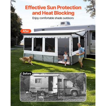 RV Awning Sun Shade Room - Compatible with 16 -17 ft Awnings, RV Awning Sun Shading Room with Door & Ventilated Mesh Windows, Sunproof & Windproof Three-Sided Enclosure Tent for RV Camping