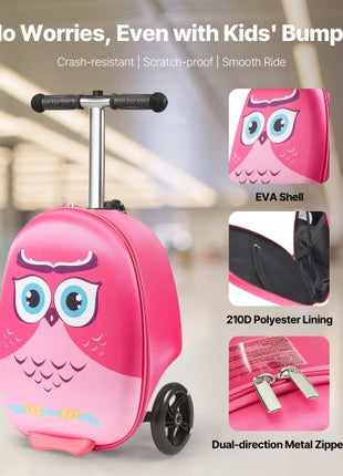 Ride-on Luggage, 20 L Capacity, 20 Inches Kids Scooter Suitcase with Flash PU Wheels, Adjustable Handle & TPR Non-Slip Grip, Foldable & Lightweight Scooter Luggage for Kids Aged 5+, Pink