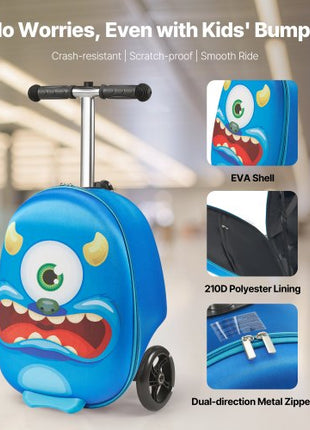 Ride-on Luggage, 20 L Capacity, 20 Inches Kids Scooter Suitcase with Flash PU Wheels, Adjustable Handle & TPR Non-Slip Grip, Foldable & Lightweight Scooter Luggage for Kids Aged 5+, Blue