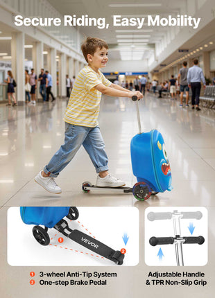 Ride-on Luggage, 20 L Capacity, 20 Inches Kids Scooter Suitcase with Flash PU Wheels, Adjustable Handle & TPR Non-Slip Grip, Foldable & Lightweight Scooter Luggage for Kids Aged 5+, Blue