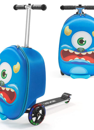 Ride-on Luggage, 20 L Capacity, 20 Inches Kids Scooter Suitcase with Flash PU Wheels, Adjustable Handle & TPR Non-Slip Grip, Foldable & Lightweight Scooter Luggage for Kids Aged 5+, Blue