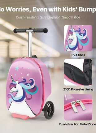 Ride-on Luggage, 20 L Capacity, 20 Inches Kids Scooter Suitcase with Flash PU Wheels, Adjustable Handle & TPR Non-Slip Grip, Foldable & Lightweight Scooter Luggage for Kids Aged 5+, Purple