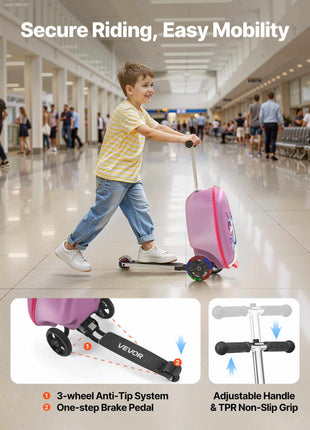 Ride-on Luggage, 20 L Capacity, 20 Inches Kids Scooter Suitcase with Flash PU Wheels, Adjustable Handle & TPR Non-Slip Grip, Foldable & Lightweight Scooter Luggage for Kids Aged 5+, Purple